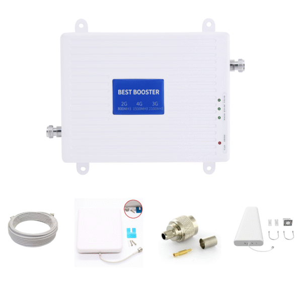 BEST BOOSTER mobile signal booster kit with indoor and outdoor antennas, coaxial cable, and connectors for 2G, 3G, and 4G network coverage.